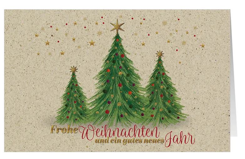 Umweltfreundliche Weihnachtskarte aus Graspapier "Weihnachtsstimmung" mit geschmückten Tannenbäumen und Gruß