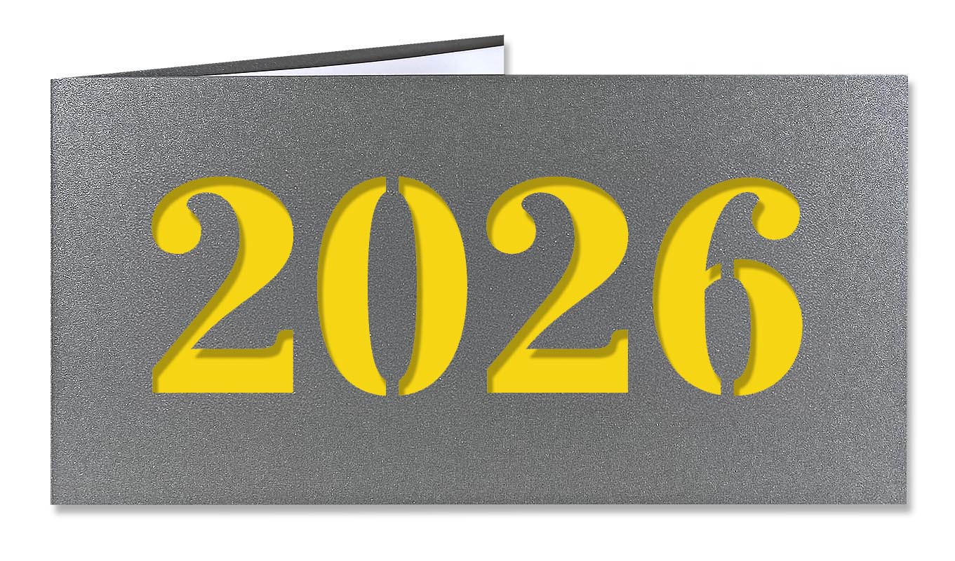 Neujahrskarte anthrazit metallic mit Laserstanzung 2026 und gelbem Einlegeblatt