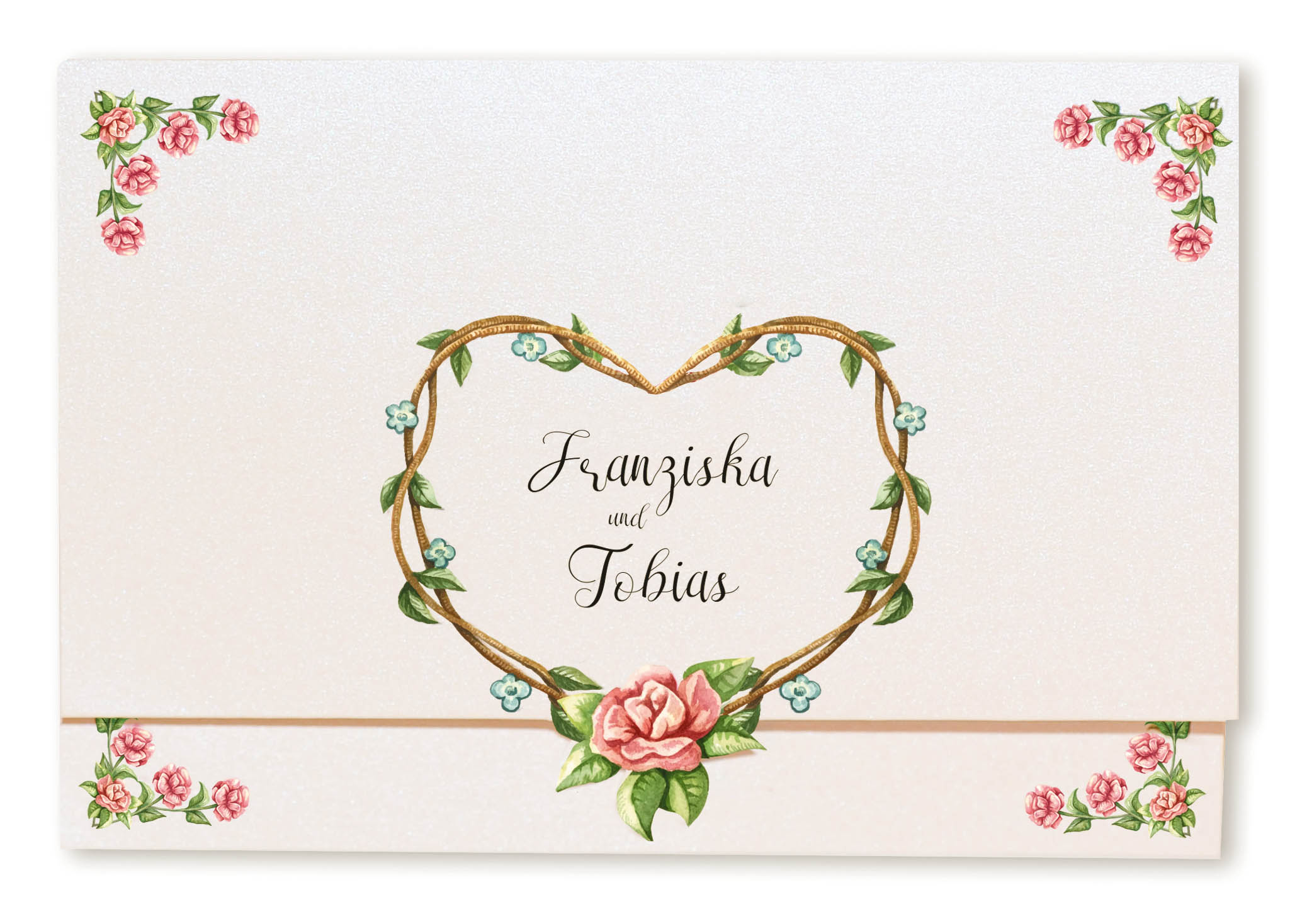 Hochzeitskarte als aufklappbare Leporello-Karte mit romantischem Blumenmotiv im Vintage-Stil