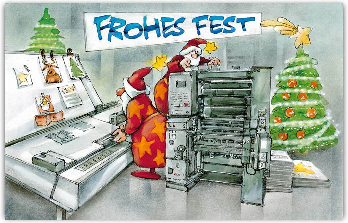 Branchenweihnachtskarte mit Gruß "Frohes Fest" für Druckerei und Print