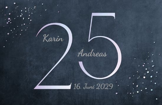 Silberhochzeit-Einladungskarte mit silberner 25 in Folienprägung und Foto auf Innenseite 