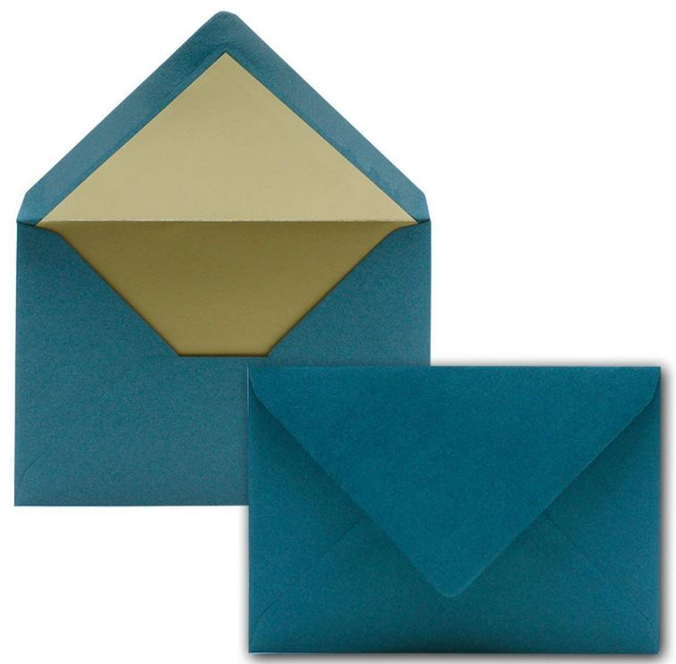 Briefumschlag DIN C6, 16,2 x 11,4 cm, nassklebend, 120g, petrol mit goldenem Innenfutter