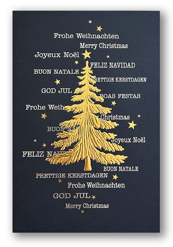 Mehrsprachige Weihnachtskarte "Tannenpracht" im edlen Design mit Gold- und Silberfolienprägung, inkl. Einlegeblatt