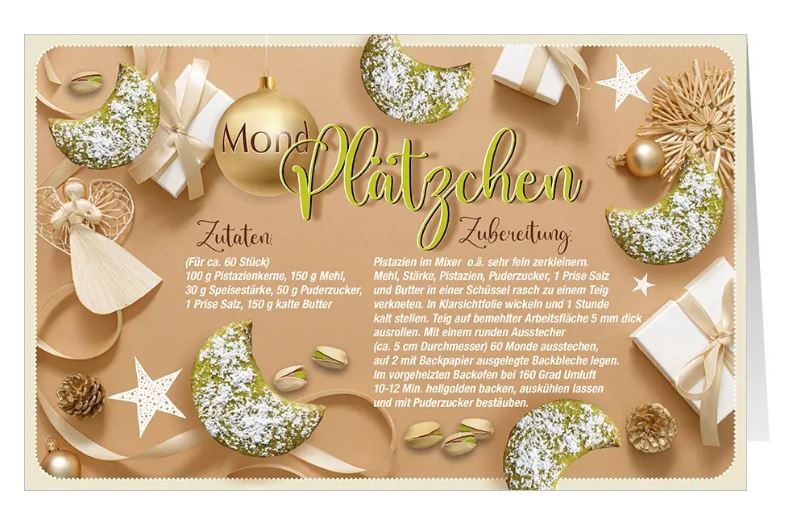 Rustikale Rezept-Weihnachtskarte "Grüne Monde" mit Zutaten und Zubereitung für Mondplätzchen