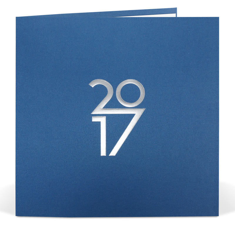 Neujahrskarte quadratisch mit silberner Jahreszahl 2017 blau metallic
