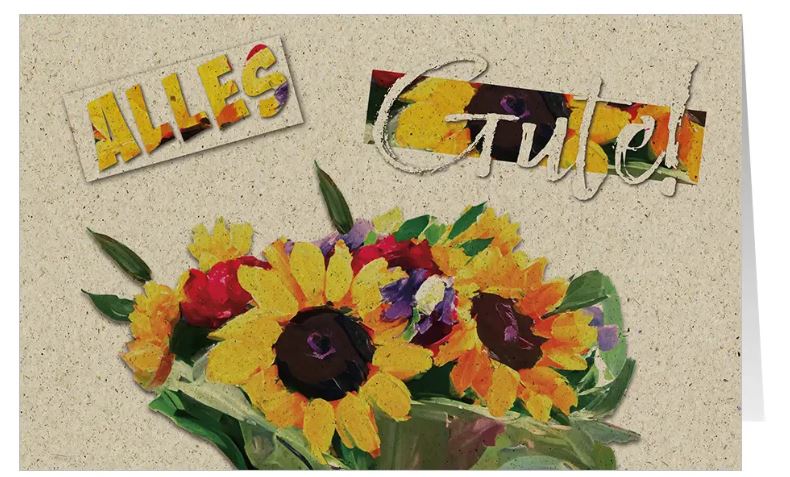 Sommerliche Glückwunschkarte im Aquarellstil mit einem Strauß Sonnenblumen und "Alles Gute!"