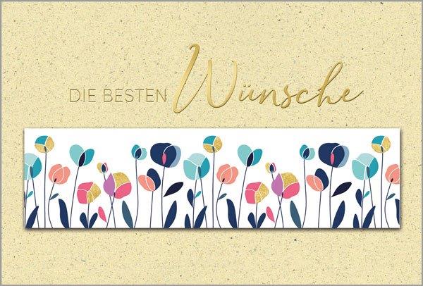 Glückwunschkarte "Blütenmeer" mit eingestecktem Lesezeichen, Goldfolienprägung und Falteinleger 