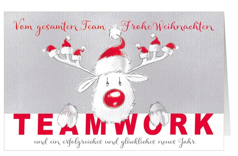 Team-Weihnachtskarte für Firmen "Rudolph wünscht..." im lustigen Design mit geschäftlichen Grüßen und Rentier