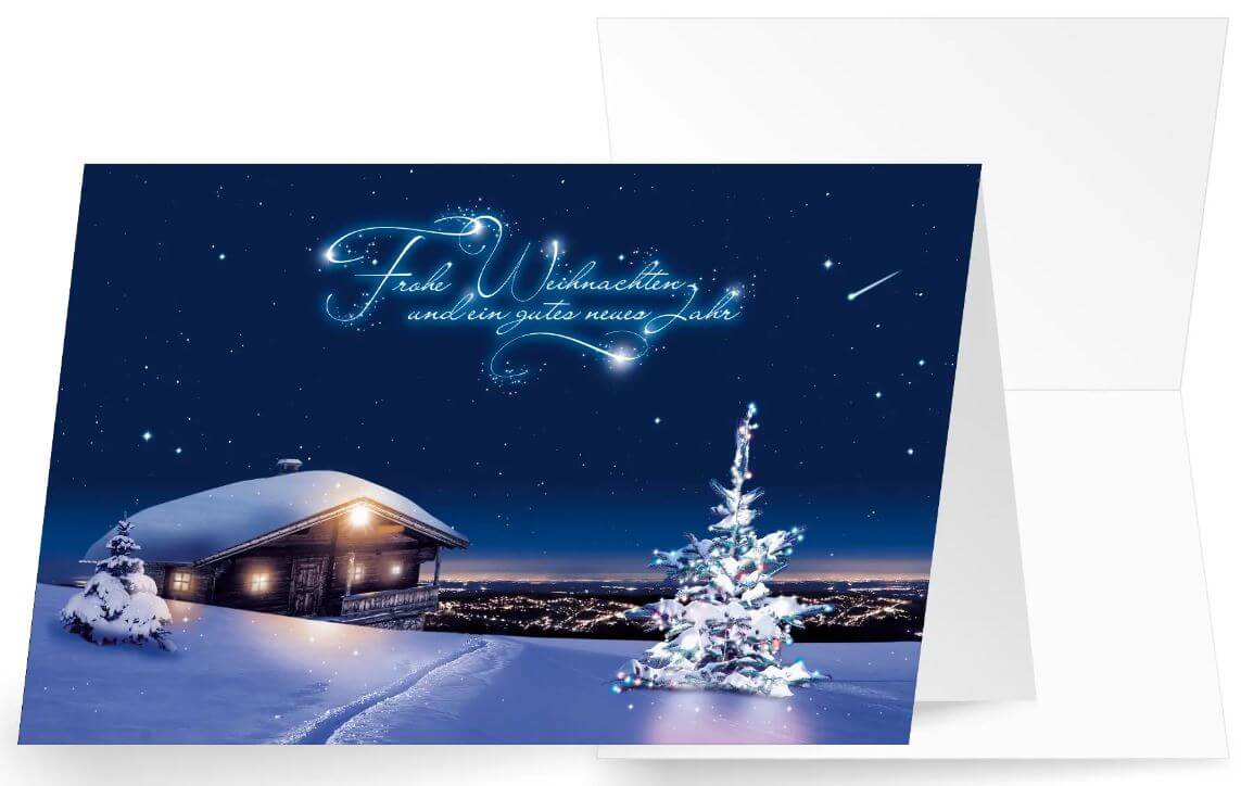 Spendenweihnachtskarte "Stille Nacht" mit verschneiter Hütte bei Nacht für Ärzte ohne Grenzen