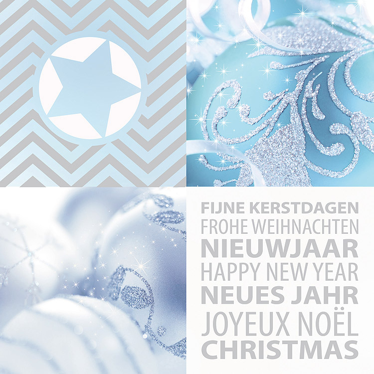 Weihnachtskarte quadratisch mit Weihnachtskugeln mehrsprachig