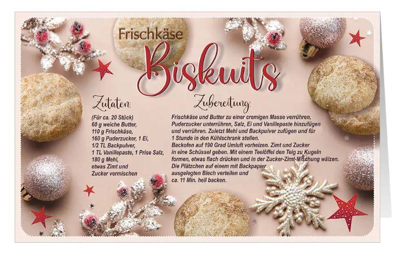 Rezept-Weihnachtskarte "Rosa Winterzauber" mit Zutatenliste und Zubereitung für Frischkäse Biskuits