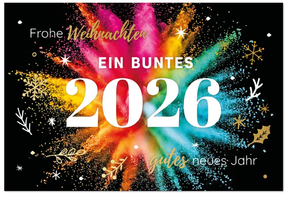 Moderne Spendenkarte "Farbspektakel" mit Jahreszahl und gutem Zweck: Make A Wish Deutschland e.V.