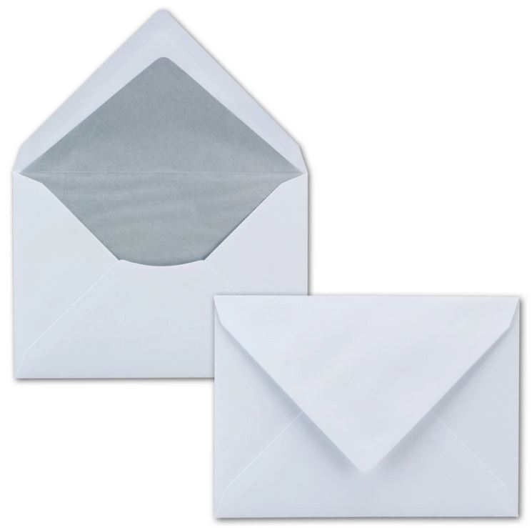 Briefumschlag DIN C6, 16,2 x 11,4 cm, nassklebend, 100g, weiß gefüttert mit silbernem Seidenpapier