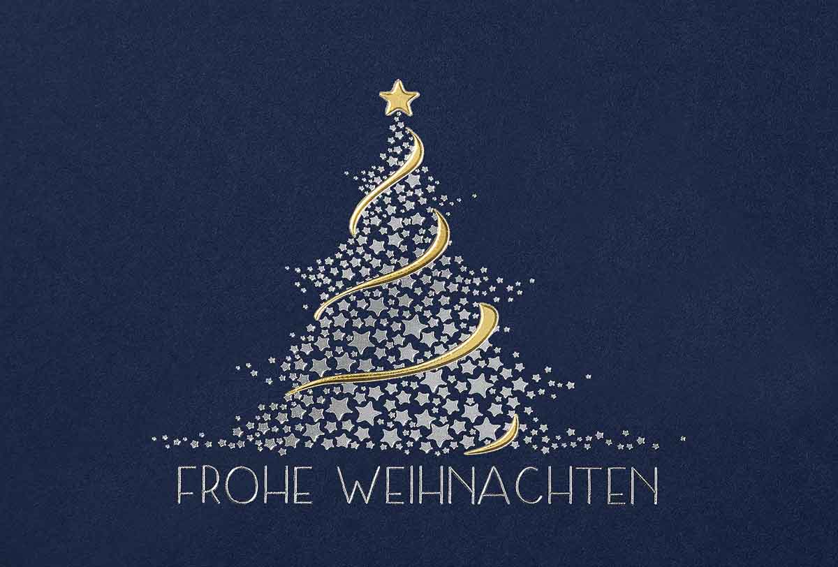 Weihnachtskarte mit Baum aus silbernen Sternchen und