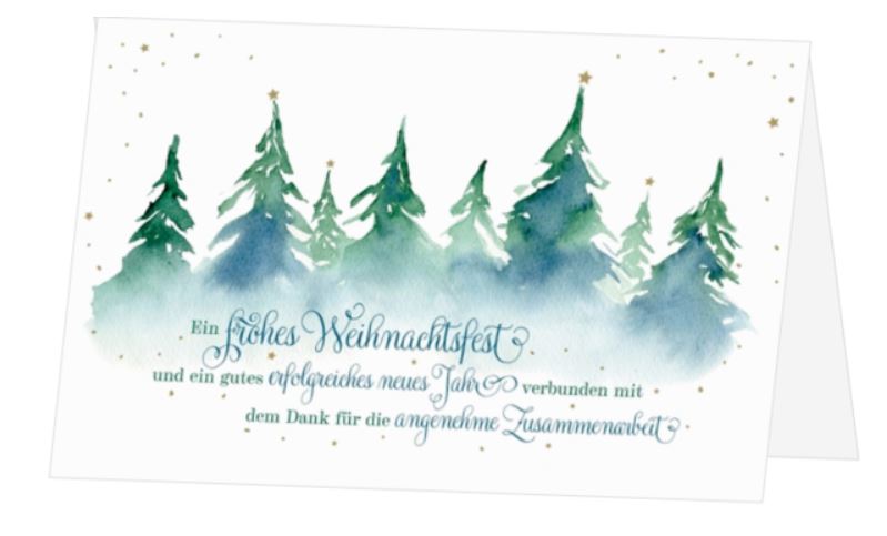 Geschäftliche Spendenweihnachtskarte im Aquarellstil mit Tannenwald und Spendenanteil für Kinderherzen e.V.