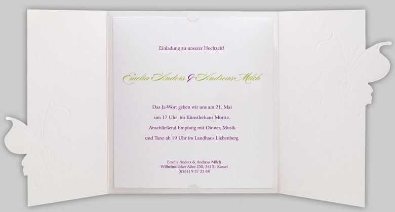 Hochzeitskarte weiß mit zwei Schmetterlingen, Altarfalz