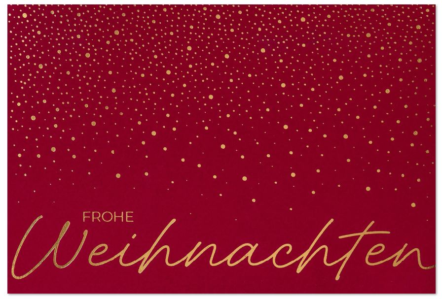 Dunkelrote Weihnachtskarte mit Goldfolienprägung von "Frohe Weihnachten" und elegantem Goldregen aus kleinen Punkten