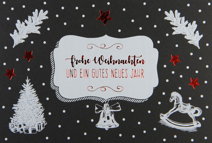 Charity-Weihnachtskarte mit weihnachtlichen Motiven und  Schriftzug: Frohe Weihnachten und ein gutes neues Jahr