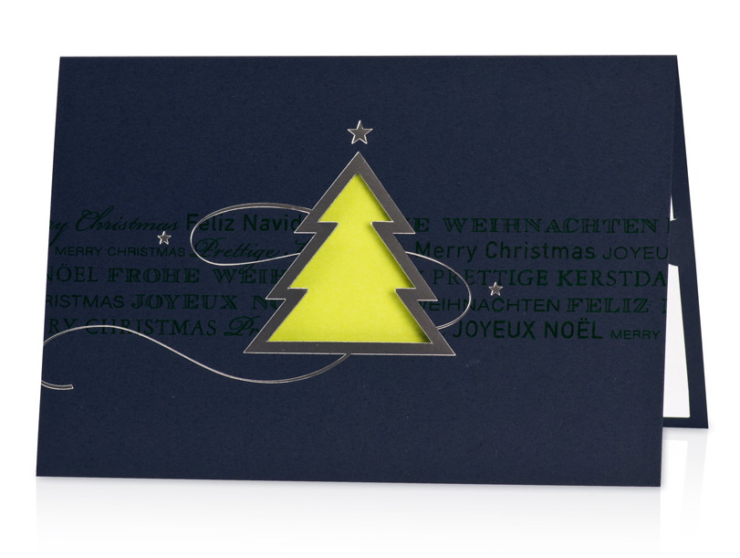 Weihnachtskarte nachtblau mit Weihnachtsbaum Einleger grün
