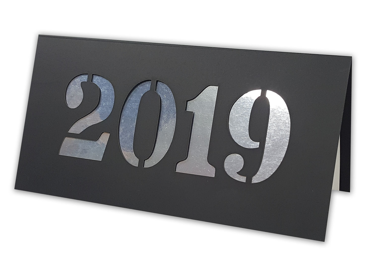 Neujahrskarte aus schwarzem Tonkarton mit Laserstanzung 2019 und silbernem Spiegel Einlegeblatt
