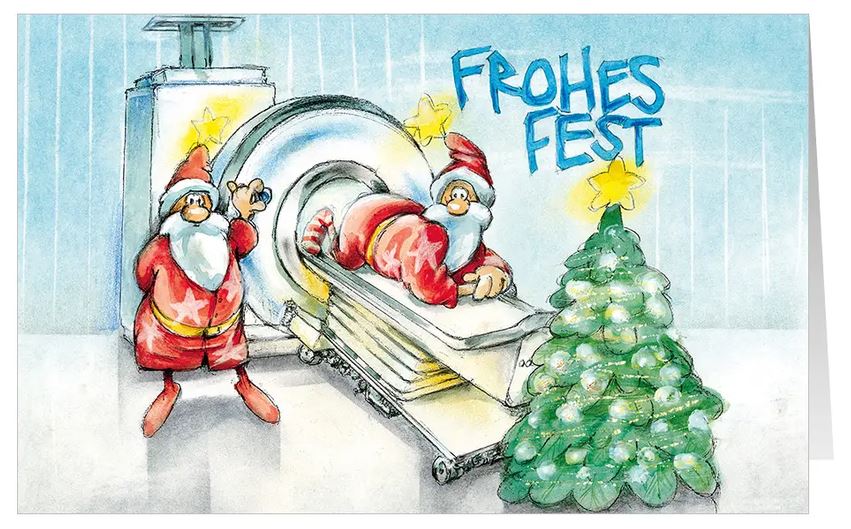 Medizinische Motiv-Weihnachtskarte "Festliche Röhre" passend für die Radiologie mit Weihnachtsmann im MRT-Scanner