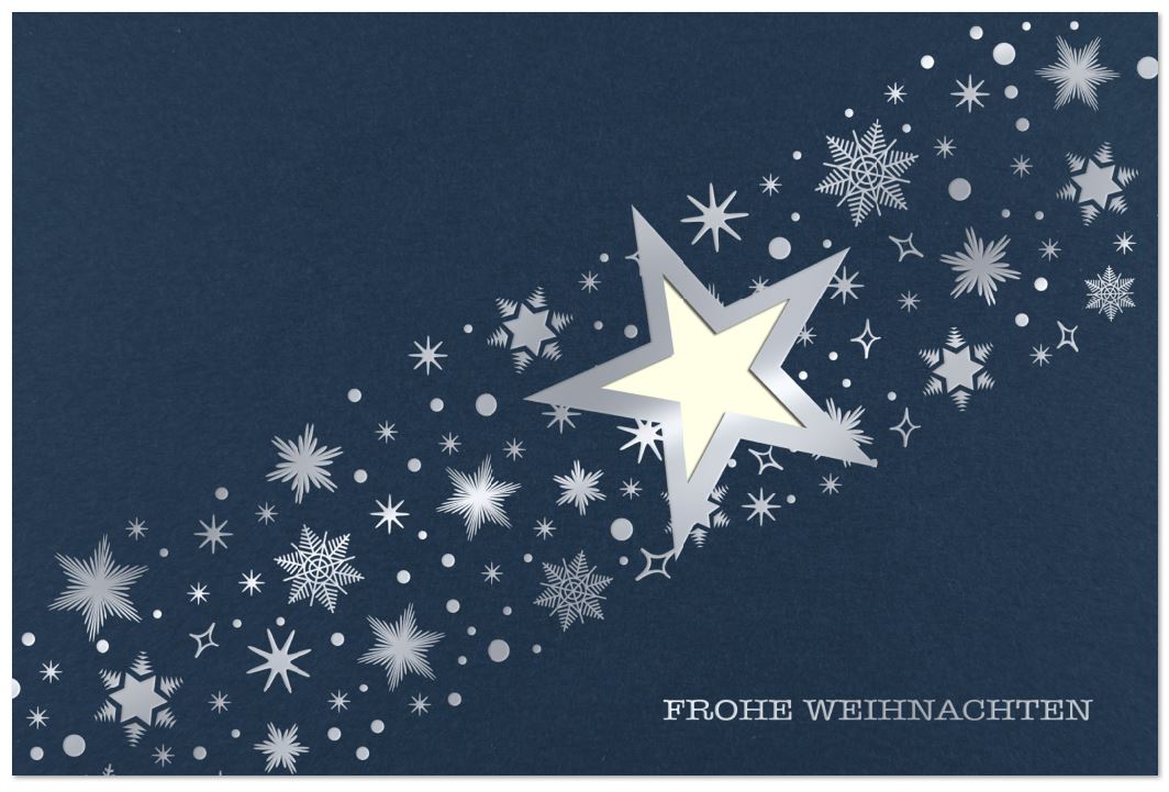 Nachtblaue Weihnachtskarte "Sternenregen" mit Formstanzung Stern und silberner Folienprägung, inkl. Einlegeblatt
