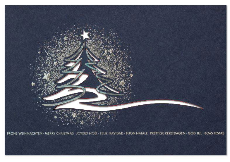 Mehrsprachige Weihnachtskarte mit filigraner Laserstanzung, Silberprägung und Einleger in weiß
