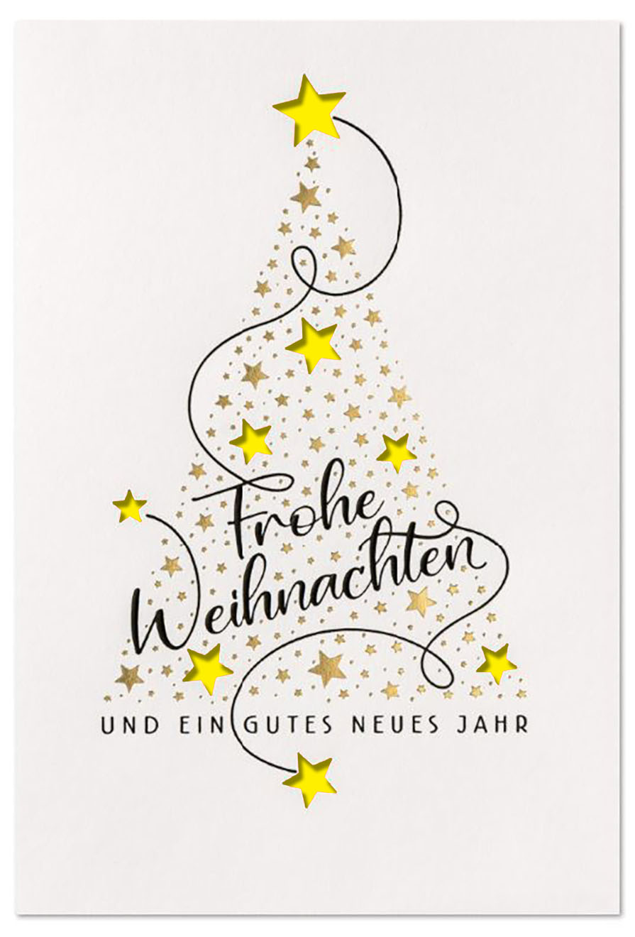 Weihnachtliche Spendenkarte mit Folienprägung und Laserstanzung zugunsten der Kinder-Not-Hilfe, Einleger gelb