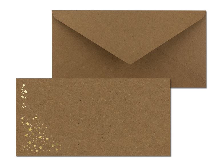Weihnachts-Briefumschlag braun aus Kraftpapier mit goldenen Sternen, nassklebend, ohne Fenster, DIN lang