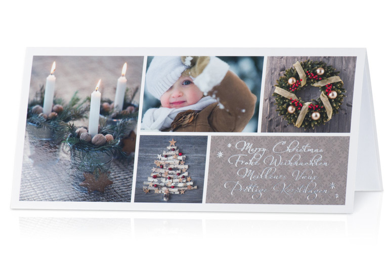 Weihnachtskarte mit weihnachtlichen / winterlichen Motiven braun