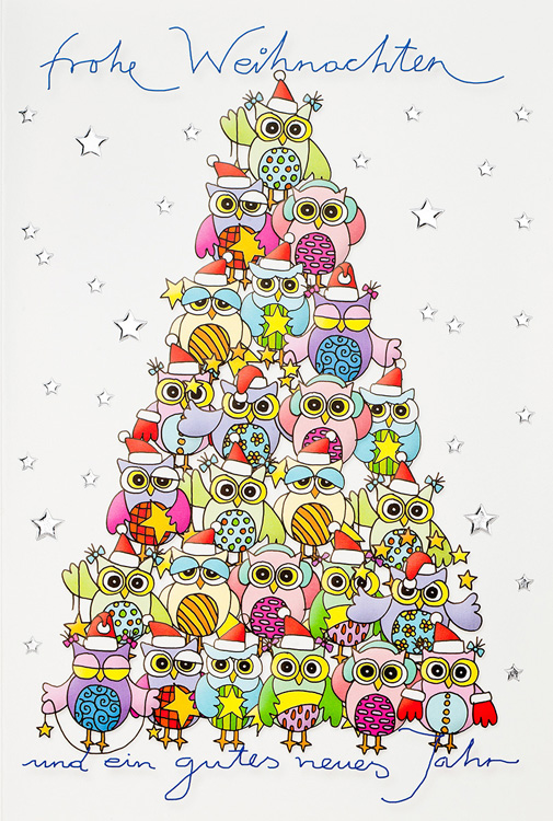 Weihnachtskarte mit Zahlreichen bunten Eulen als Weihnachtsbaum