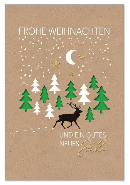 Weihnachtskarte in Kraftpapier-Optik mit Formstanzung Tannenbäume, Goldfoliendruck und Einleger in Hellgrün