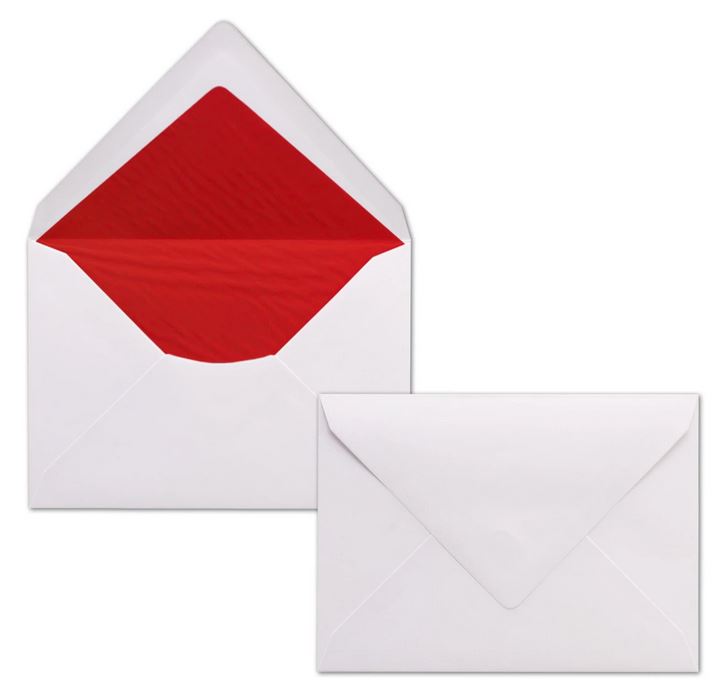 Briefumschlag DIN C6, 16,2 x 11,4 cm, nassklebend, 100g, weiß gefüttert mit rotem Seidenpapier