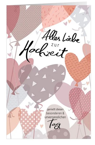 Moderne Hochzeits-Glückwunschkarte "Liebe liegt in der Luft" mit Glückwünschen und Herzluftballons