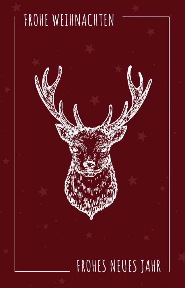 Moderne Weihnachtskarte in Bordeauxrot „Christmas Deer“ mit Hirsch und dezentem Sternenhintergrund sowie deutschsprachigem Gruß