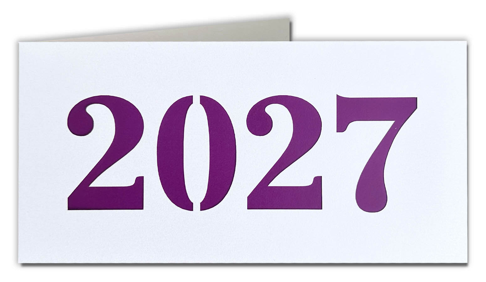 Weiße Metallic-Neujahrskarte mit Laserstanzung 2027 und lilafarbenem Einlegeblatt