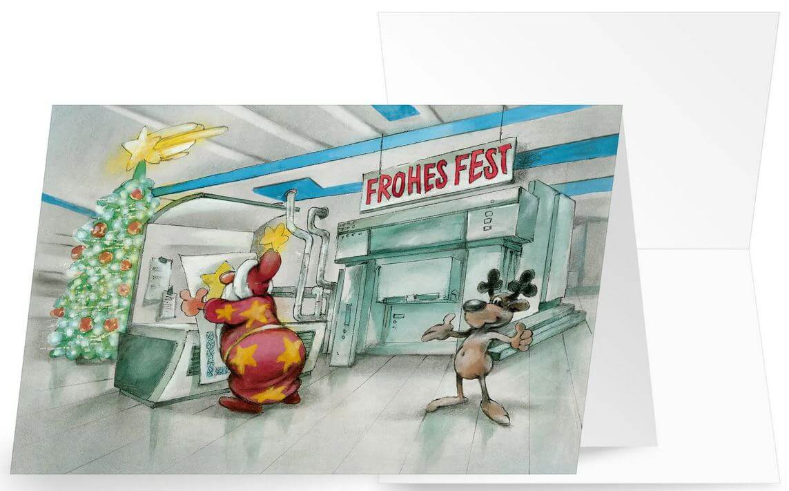 Lustige Branchenkarte für Druckerei, Verlagshaus und Printservice mit Weihnachtsgruß