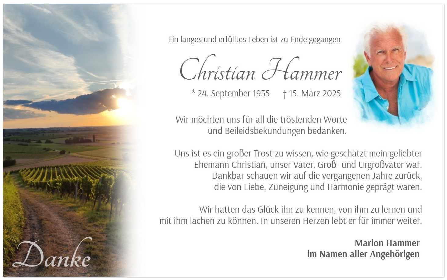 Trauer-Dankkarte mit Feldweg beim Sonnenuntergang im Weinberg