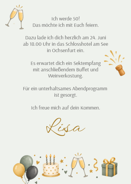 Einladungskarte zum 50. Geburtstag mit stilvollen Party-Icons als beidseitig, individuell bedruckbare Einzelkarte