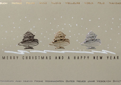 Weihnachtskarte mit drei Weihnachtsbäumen internat. Wünsche