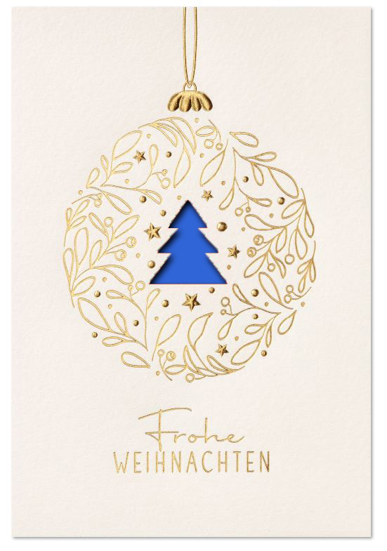 Weiße Weihnachtskarte mit Laserstanzung Baum und Goldfolienprägung von Kugel und Weihnachtsgruß, Einleger blau