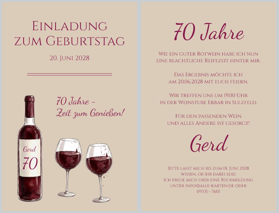 Einladungskarte zum 70. Geburtstag "Zeit zum Genießen!" mit Rotweinflasche und Weingläsern