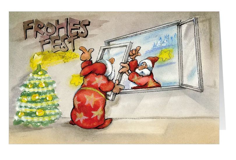 Witzige Weihnachts-Branchenkarte "Winterlicher Ausblick" für Fensterbau, Glaserei, Schreinerei, Tischlerei