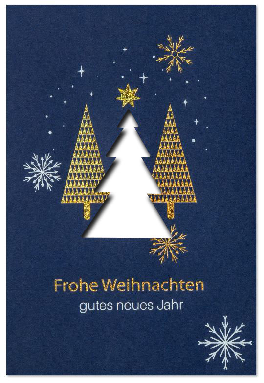 Stanz-Weihnachtskarte blau mit Weiß- und Goldfolienprägung, Motiv: Weihnachtsbäume, Eiskristalle und Gruß, Einleger weiß