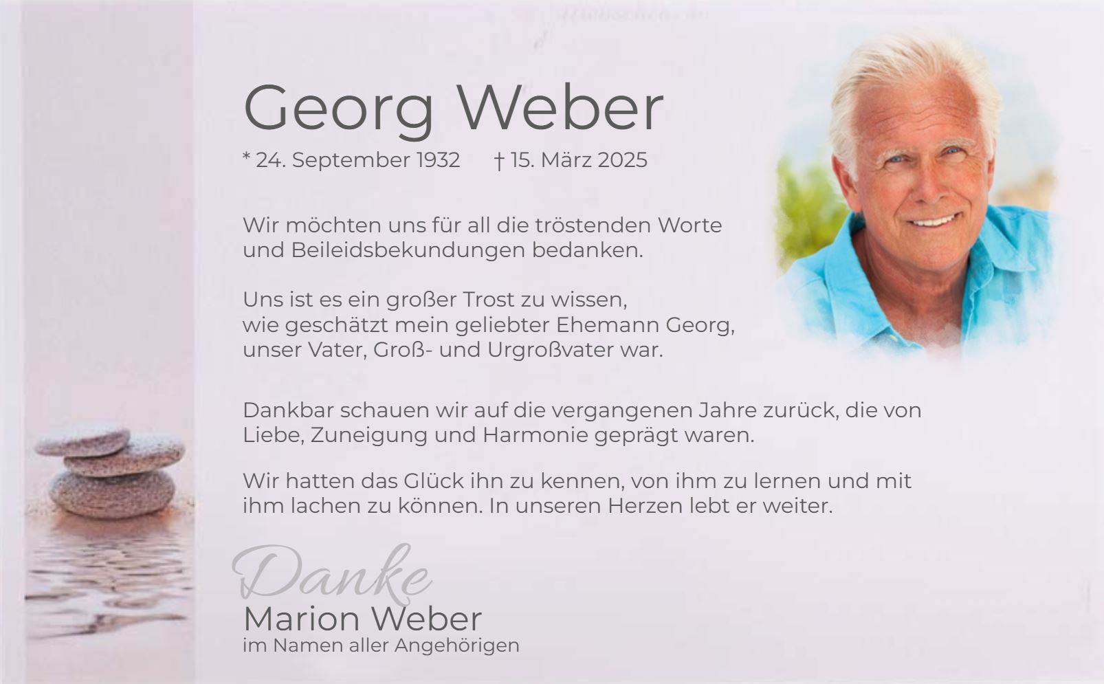 Trauer-Danksagungskarte mit Motivdruck Zen-Steine im Wasser