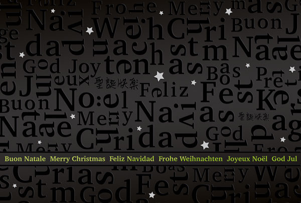 Weihnachtskarte schwarz mit internationalen Weihnachtsgrüßen