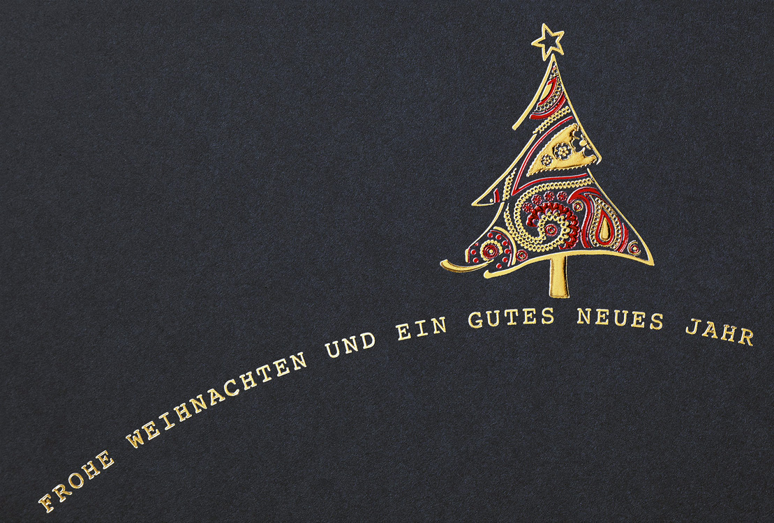 Weihnachtskarte nachtblau mit foliengeprägtem Weihnachtsbaum