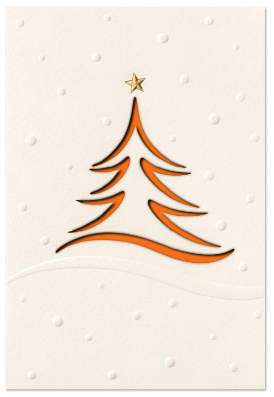 Edle Laser-Weihnachtskarte in weiß mit Blind- und Goldfolienprägung sowie gelastertem Baum, Einleger orange