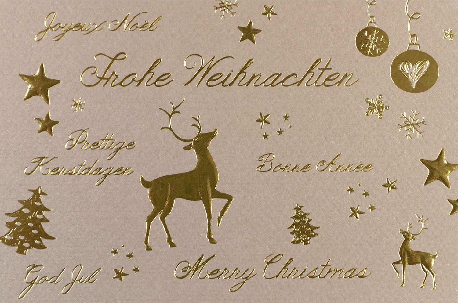 Weihnachtskarte altgold metallic mit weihnachtlichen Symbolen und internationalen Grüßen