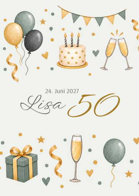 Einladungskarte zum 50. Geburtstag mit stilvollen Party-Icons als beidseitig, individuell bedruckbare Einzelkarte